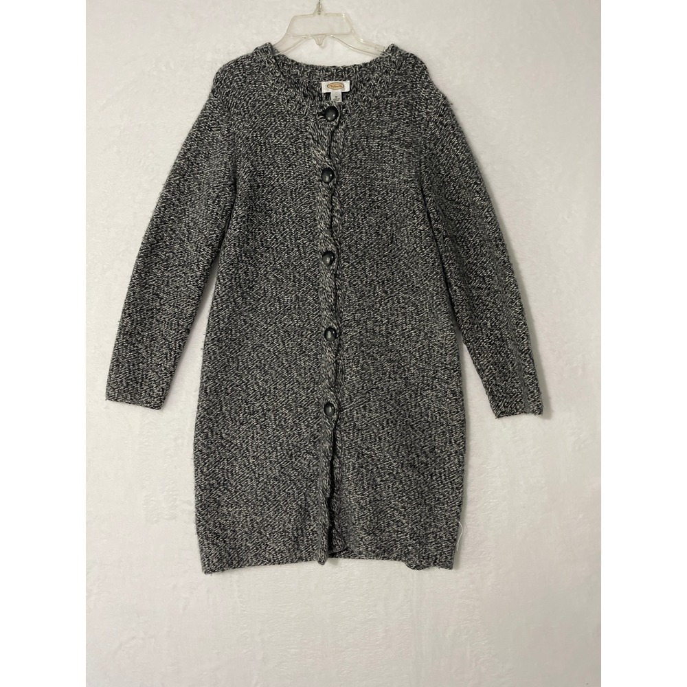 Talbots Womens Medium Black White Lambswool Angora Cashmere Long Cardigan Coat